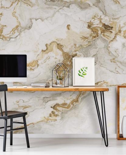 white and gold marble wallpaper mural called White Marble With Gold Streaks for dining rooms, bathrooms and kitchens