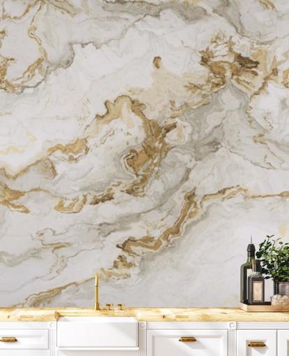 witte en gouden marmeren muurschildering genaamd White Marble With Gold Streaks voor eetkamers, badkamers en keukens