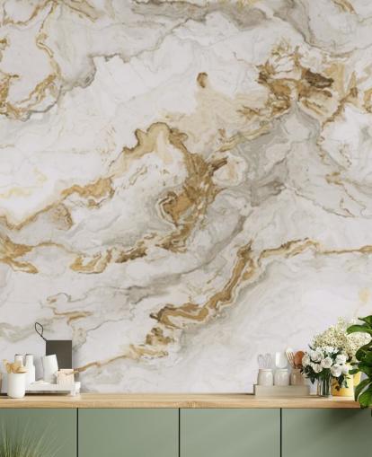 mural de papel pintado de mármol blanco y dorado llamado White Marble With Gold Streaks para comedores, baños y cocinas