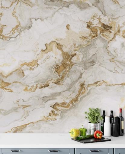 white and gold marble wallpaper mural called White Marble With Gold Streaks for dining rooms, bathrooms and kitchens