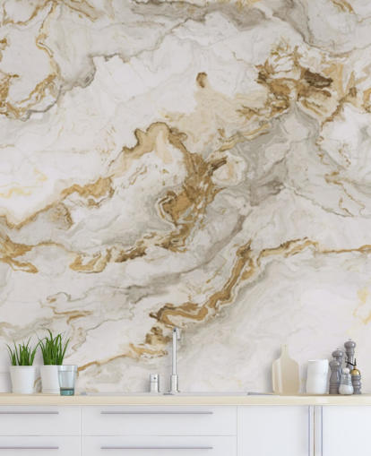 mural de papel pintado de mármol blanco y dorado llamado White Marble With Gold Streaks para comedores, baños y cocinas