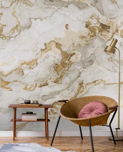 vit och guld marmor tapetväggmålning kallad White Marble With Gold Streaks för matsalar, badrum och kök