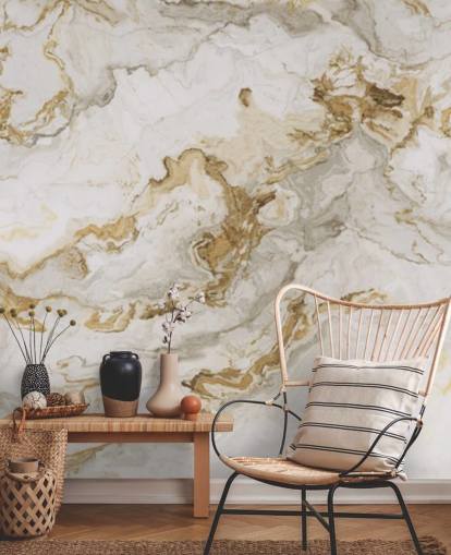 white and gold marble wallpaper mural called White Marble With Gold Streaks for dining rooms, bathrooms and kitchens