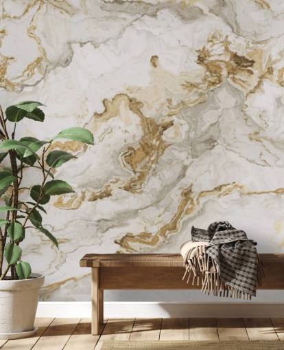 valkoinen ja kultainen marmoritapetti seinämaalaus nimeltä White Marble With Gold Striaks ruokasaleihin, kylpyhuoneisiin ja keittiöihin