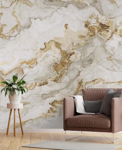 papier peint mural en marbre blanc et doré appelé White Marble With Gold Streaks pour les salles à manger, les salles de bain et les cuisines