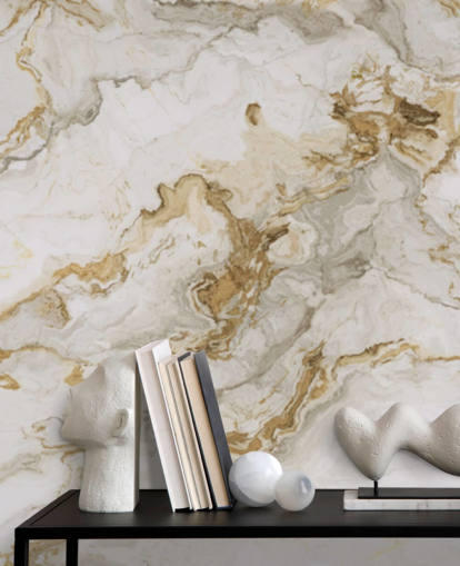 vit och guld marmor tapetväggmålning kallad White Marble With Gold Streaks för matsalar, badrum och kök