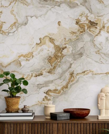 hvit og gull marmor tapet veggmaleri kalt White Marble With Gold Streaks for spisestuer, bad og kjøkken