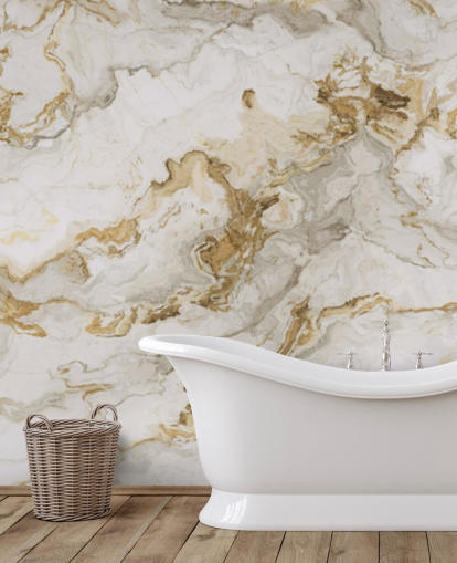valkoinen ja kultainen marmoritapetti seinämaalaus nimeltä White Marble With Gold Striaks ruokasaleihin, kylpyhuoneisiin ja keittiöihin