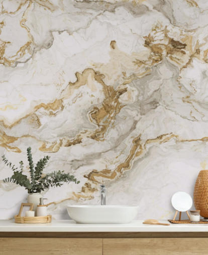 witte en gouden marmeren muurschildering genaamd White Marble With Gold Streaks voor eetkamers, badkamers en keukens