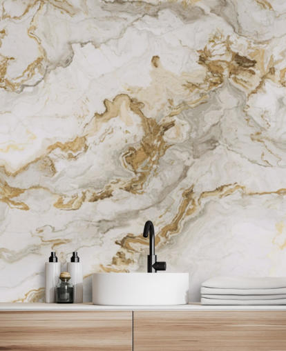 vit och guld marmor tapetväggmålning kallad White Marble With Gold Streaks för matsalar, badrum och kök vit och guld marmor tapetväggmålning kallad White Marble With Gold Streaks för matsalar, badrum och kök