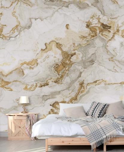 white and gold marble wallpaper mural called White Marble With Gold Streaks for dining rooms, bathrooms and kitchens