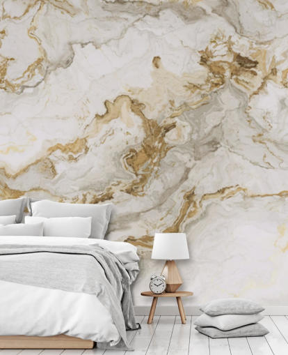 white and gold marble wallpaper mural called White Marble With Gold Streaks for dining rooms, bathrooms and kitchens