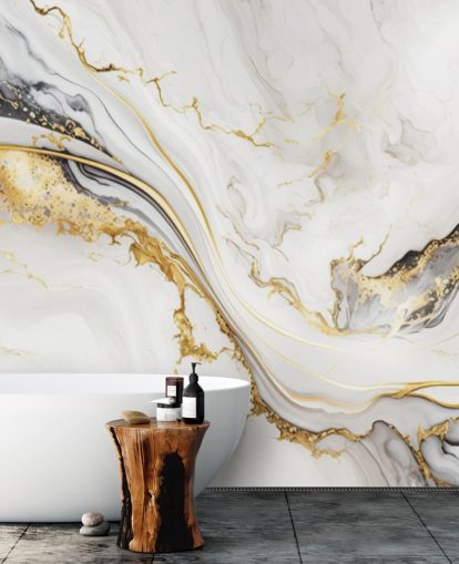 white, gold and black marble wallpaper mural called White, Gold and Black Ink Marble for bathrooms, dining rooms and kitchens
