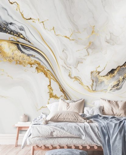 white, gold and black marble wallpaper mural called White, Gold and Black Ink Marble for bathrooms, dining rooms and kitchens