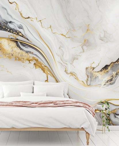 white, gold and black marble wallpaper mural called White, Gold and Black Ink Marble for bathrooms, dining rooms and kitchens