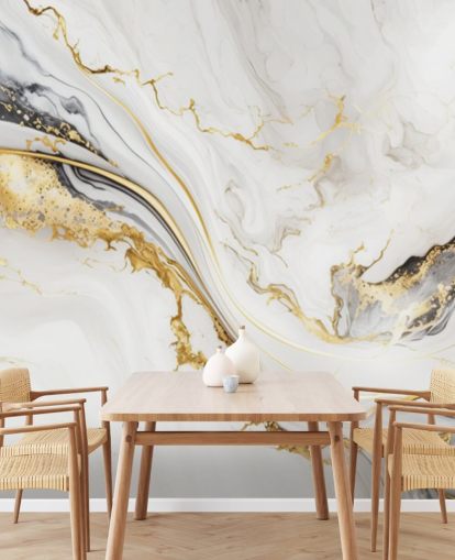 Tapetentapete aus weißem, goldenem und schwarzem Marmor namens White, Gold and Black Ink Marble für Badezimmer, Esszimmer und Küchen