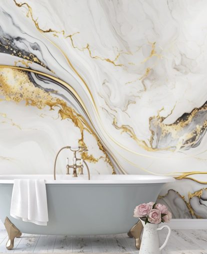 witte, gouden en zwarte marmeren muurschildering genaamd White, Gold and Black Ink Marble voor badkamers, eetkamers en keukens