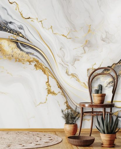 Tapetentapete aus weißem, goldenem und schwarzem Marmor namens White, Gold and Black Ink Marble für Badezimmer, Esszimmer und Küchen
