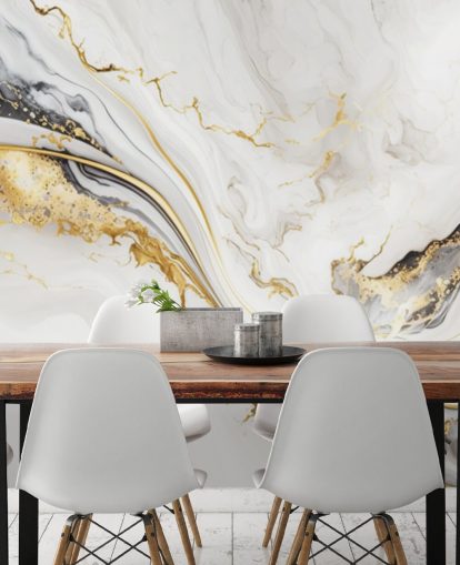 mural de papel pintado de mármol blanco, dorado y negro llamado White, Gold and Black Ink Marble para baños, comedores y cocinas