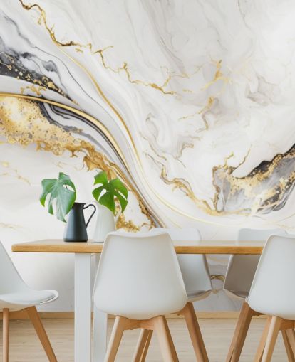 white, gold and black marble wallpaper mural called White, Gold and Black Ink Marble for bathrooms, dining rooms and kitchens