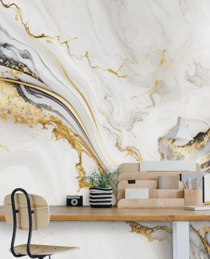 mural de papel pintado de mármol blanco, dorado y negro llamado White, Gold and Black Ink Marble para baños, comedores y cocinas