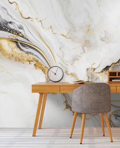 papier peint mural en marbre blanc, doré et noir appelé White, Gold and Black Ink Marble, pour les salles de bain, les salles à manger et les cuisines
