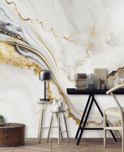 valkoinen, kulta ja musta marmorinen taustakuvamaalaus nimeltään White, Gold and Black Ink Marble kylpyhuoneisiin, ruokasaleihin ja keittiöihin