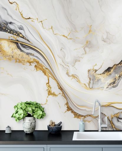 mural de papel de parede de mármore branco, dourado e preto chamado Mármore de tinta branca, dourada e preta para banheiros, salas de jantar e cozinhas