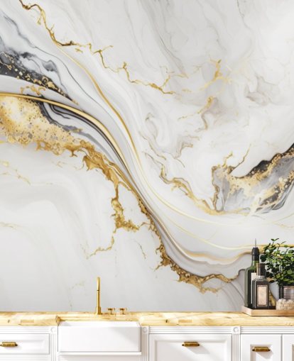 mural de papel de parede de mármore branco, dourado e preto chamado Mármore de tinta branca, dourada e preta para banheiros, salas de jantar e cozinhas mural de papel de parede de mármore branco, dourado e preto chamado Mármore de tinta branca, dourada e preta para banheiros, salas de jantar e cozinhas