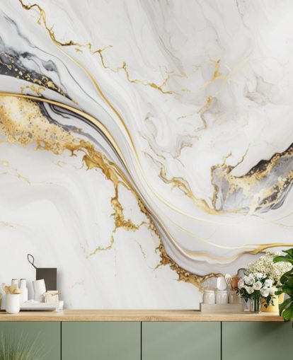 papier peint mural en marbre blanc, doré et noir appelé White, Gold and Black Ink Marble, pour les salles de bain, les salles à manger et les cuisines