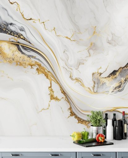 witte, gouden en zwarte marmeren muurschildering genaamd White, Gold and Black Ink Marble voor badkamers, eetkamers en keukens