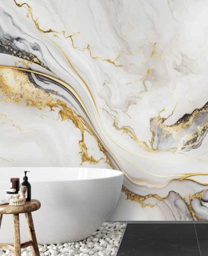 mural de papel pintado de mármol blanco, dorado y negro llamado White, Gold and Black Ink Marble para baños, comedores y cocinas