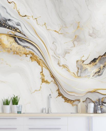 valkoinen, kulta ja musta marmorinen taustakuvamaalaus nimeltään White, Gold and Black Ink Marble kylpyhuoneisiin, ruokasaleihin ja keittiöihin