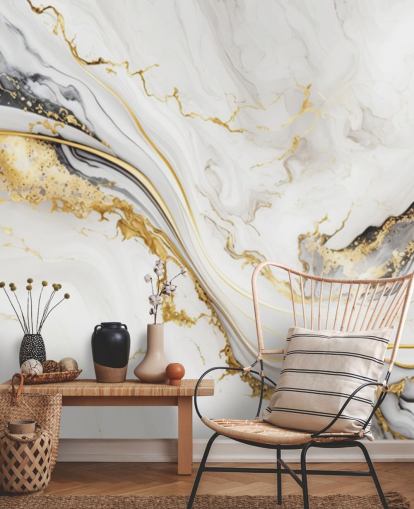 mural de papel de parede de mármore branco, dourado e preto chamado Mármore de tinta branca, dourada e preta para banheiros, salas de jantar e cozinhas