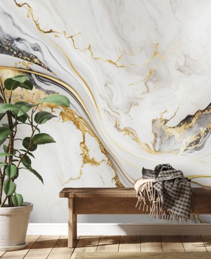 white, gold and black marble wallpaper mural called White, Gold and Black Ink Marble for bathrooms, dining rooms and kitchens