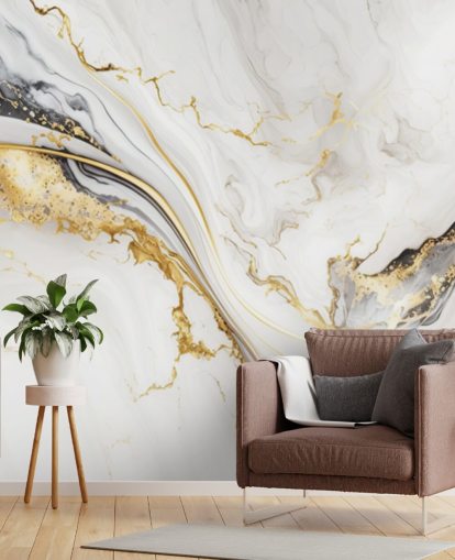 mural de papel pintado de mármol blanco, dorado y negro llamado White, Gold and Black Ink Marble para baños, comedores y cocinas