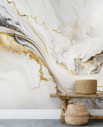 valkoinen, kulta ja musta marmorinen taustakuvamaalaus nimeltään White, Gold and Black Ink Marble kylpyhuoneisiin, ruokasaleihin ja keittiöihin