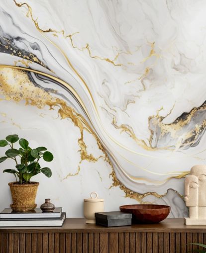 carta da parati murale in marmo bianco, oro e nero chiamato White, Gold and Black Ink Marble per bagni, sale da pranzo e cucine
