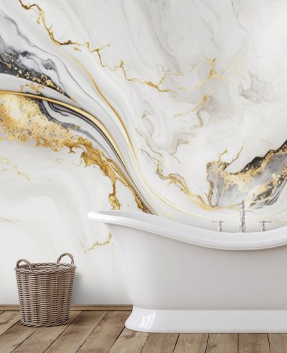 witte, gouden en zwarte marmeren muurschildering genaamd White, Gold and Black Ink Marble voor badkamers, eetkamers en keukens