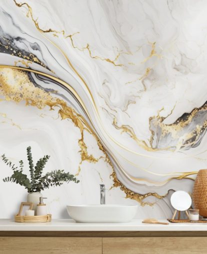Tapetentapete aus weißem, goldenem und schwarzem Marmor namens White, Gold and Black Ink Marble für Badezimmer, Esszimmer und Küchen Tapetentapete aus weißem, goldenem und schwarzem Marmor namens White, Gold and Black Ink Marble für Badezimmer, Esszimmer und Küchen
