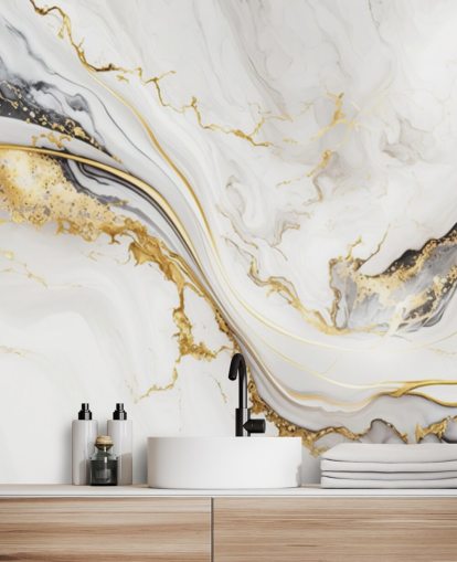 witte, gouden en zwarte marmeren muurschildering genaamd White, Gold and Black Ink Marble voor badkamers, eetkamers en keukens witte, gouden en zwarte marmeren muurschildering genaamd White, Gold and Black Ink Marble voor badkamers, eetkamers en keukens