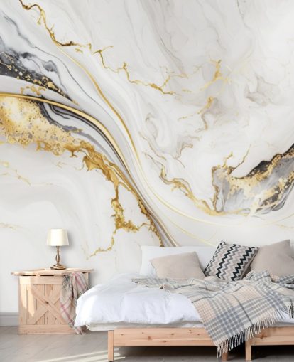 carta da parati murale in marmo bianco, oro e nero chiamato White, Gold and Black Ink Marble per bagni, sale da pranzo e cucine