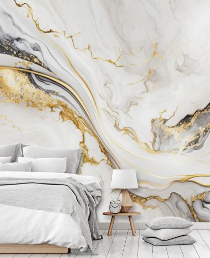white, gold and black marble wallpaper mural called White, Gold and Black Ink Marble for bathrooms, dining rooms and kitchens
