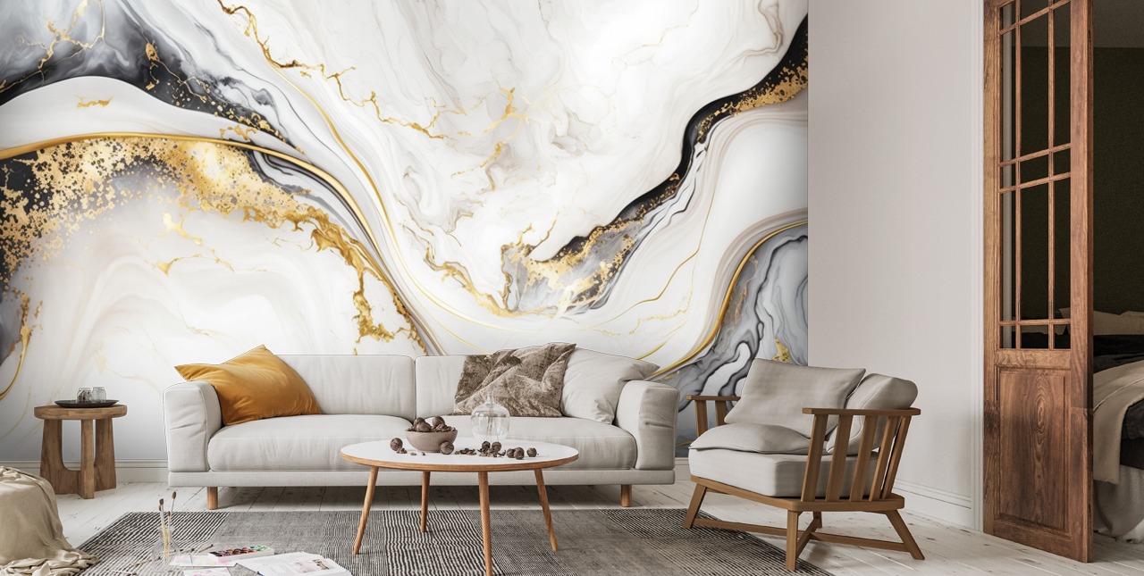 Hvid, guld og sort blækmarmor | Wallsauce DK
