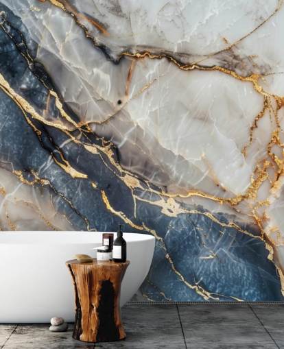 white, blue and gold marble wallpaper mural called Statuario White and Blue Marble for dining rooms, kitchens and bathrooms