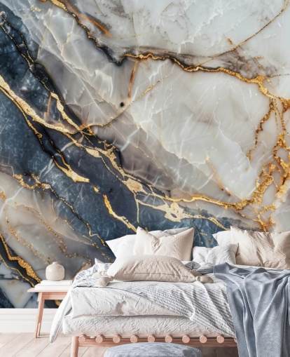 white, blue and gold marble wallpaper mural called Statuario White and Blue Marble for dining rooms, kitchens and bathrooms