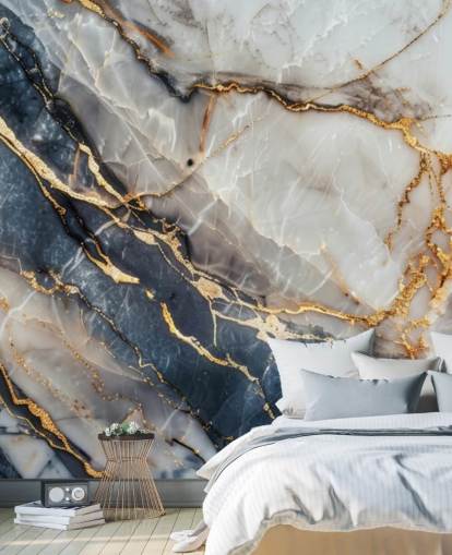 white, blue and gold marble wallpaper mural called Statuario White and Blue Marble for dining rooms, kitchens and bathrooms