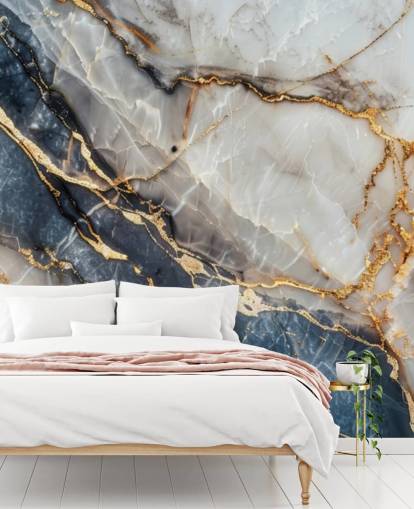 mural de papel de parede de mármore branco, azul e dourado chamado Statuario White and Blue Marble para salas de jantar, cozinhas e banheiros mural de papel de parede de mármore branco, azul e dourado chamado Statuario White and Blue Marble para salas de jantar, cozinhas e banheiros