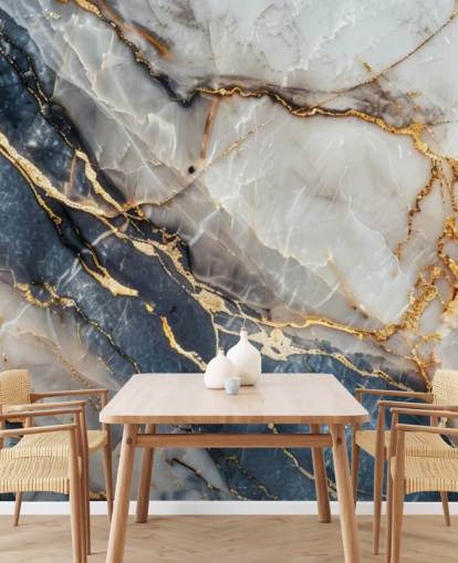 white, blue and gold marble wallpaper mural called Statuario White and Blue Marble for dining rooms, kitchens and bathrooms
