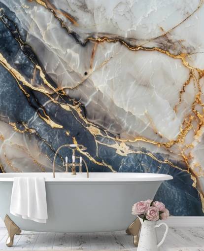 white, blue and gold marble wallpaper mural called Statuario White and Blue Marble for dining rooms, kitchens and bathrooms